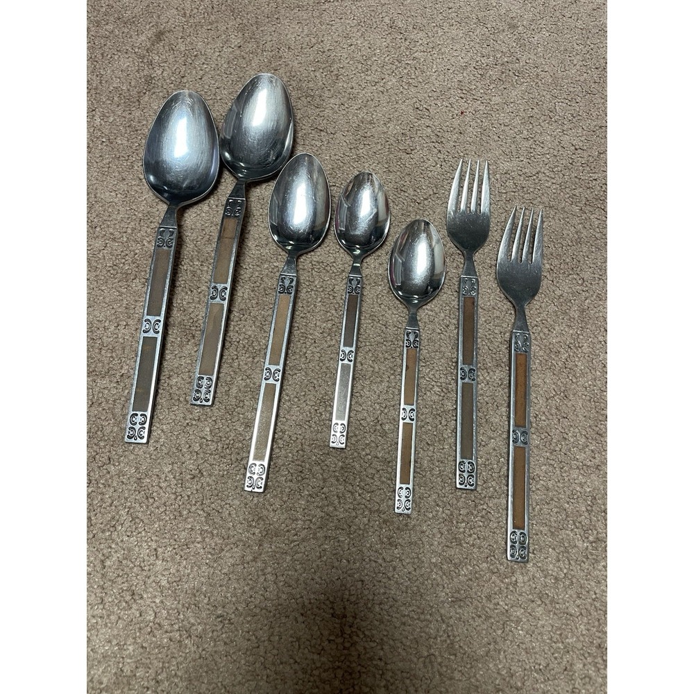 VTG Flatware JAPAN STAINLESS Metal Inlay Wood Material Used Rare 7 Pc Lot